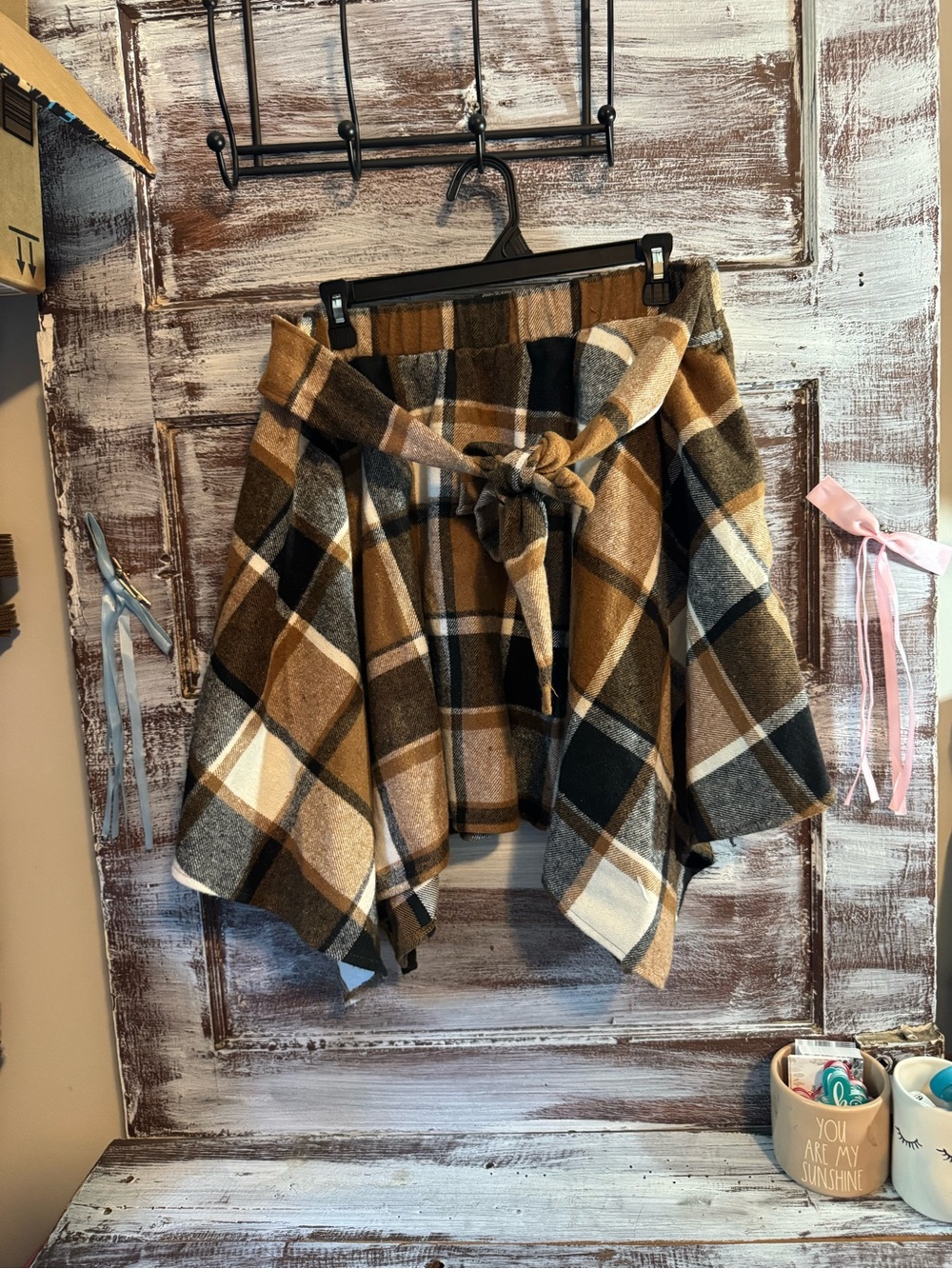 SHEIN Brown Black Cream Plaid Paperbag Skater Skirt